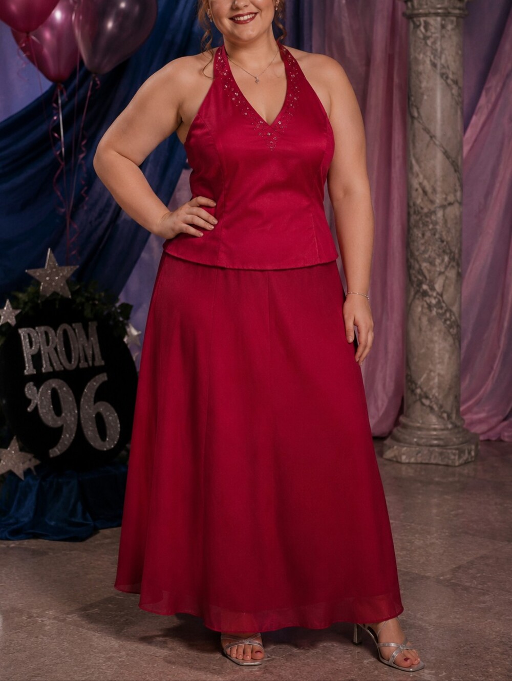 David's Bridal 00s Y2K Red Beaded Halter Bridesmaid Formal Evening Dress sz 16